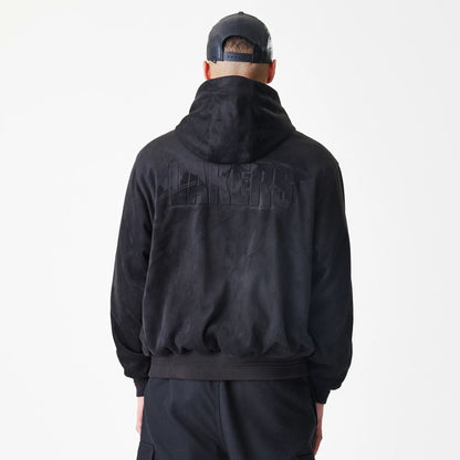 The Male model is wearing LA Lakers NBA Suede Black Hooded Jacket 2