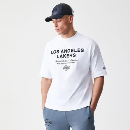 The Male model is wearing LA Lakers NBA Linear White T-Shirt  3