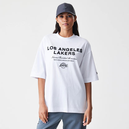 The Male model is wearing LA Lakers NBA Linear White T-Shirt 4