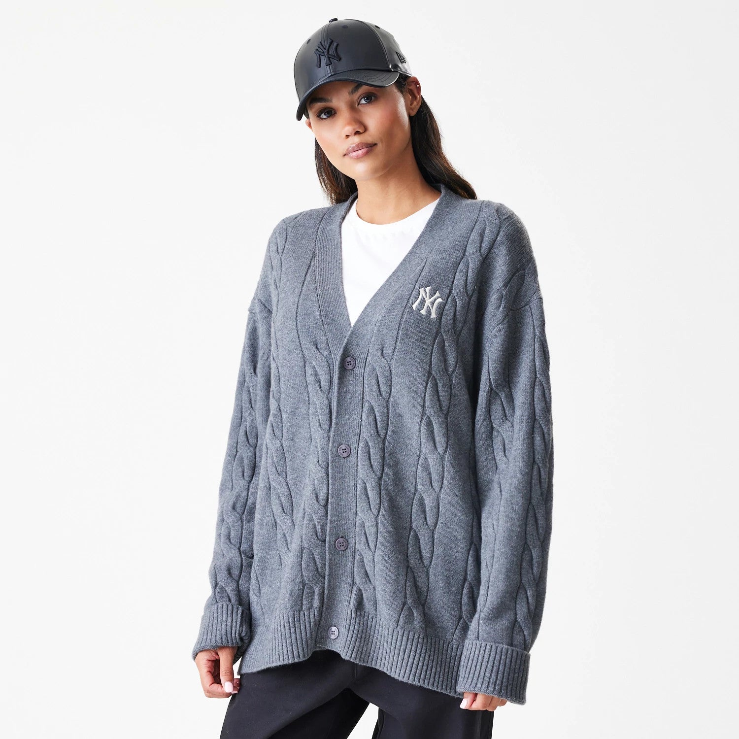 The Male model is wearing New York Yankees MLB Cable Knit Dark Grey Cardigan 4