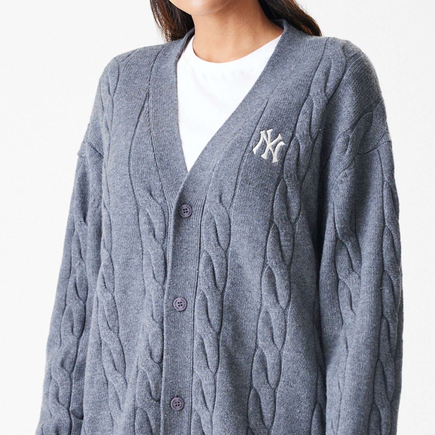 The Male model is wearing New York Yankees MLB Cable Knit Dark Grey Cardigan 6