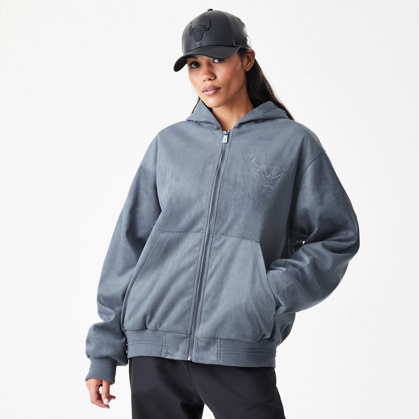 The Male model is wearing Chicago Bulls NBA Suede Dark Grey Jacket 4