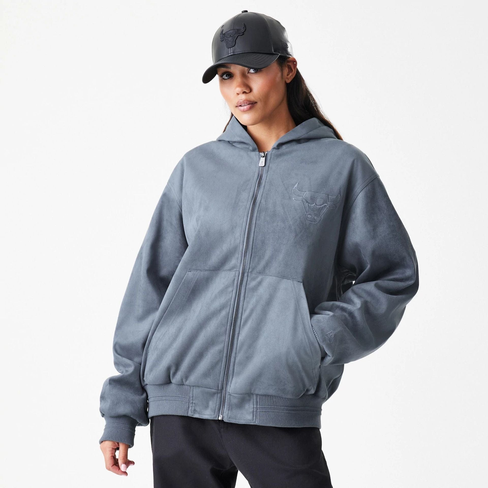 The Male model is wearing Chicago Bulls NBA Suede Dark Grey Jacket 4