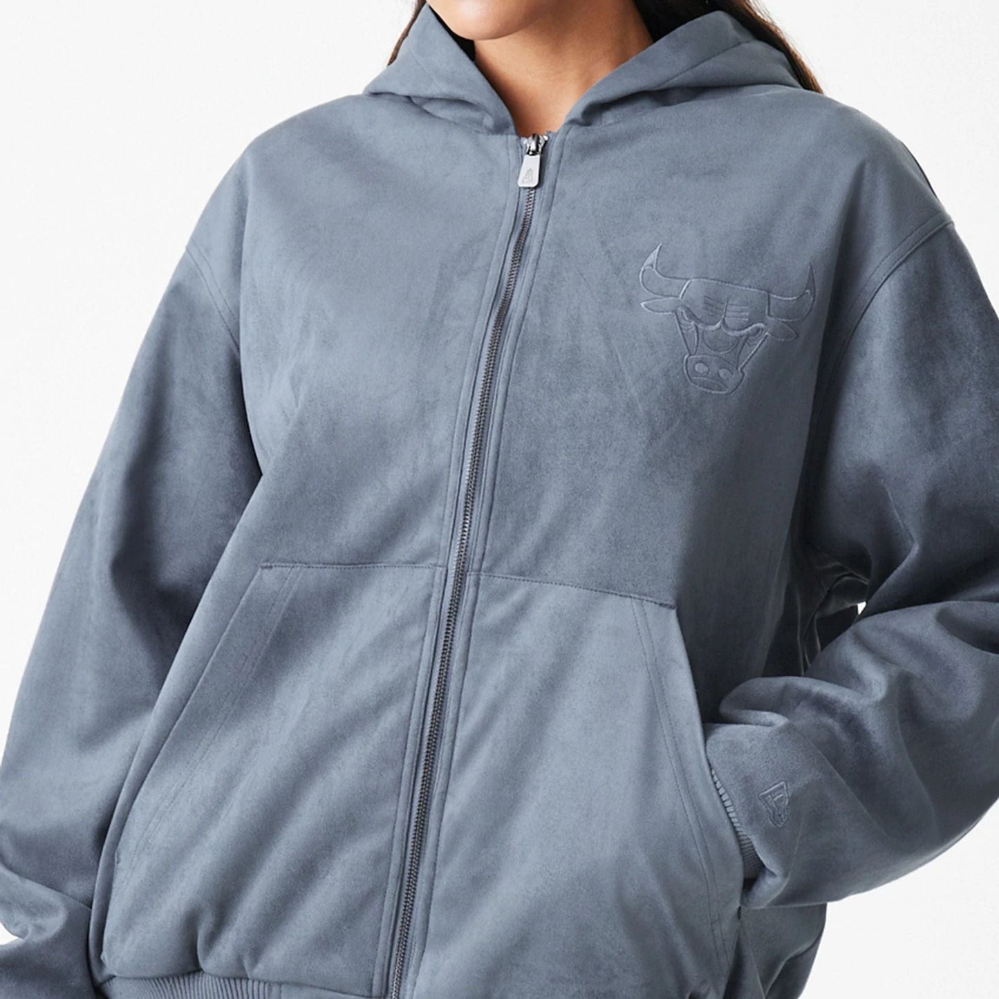 The Male model is wearing Chicago Bulls NBA Suede Dark Grey Jacket 5