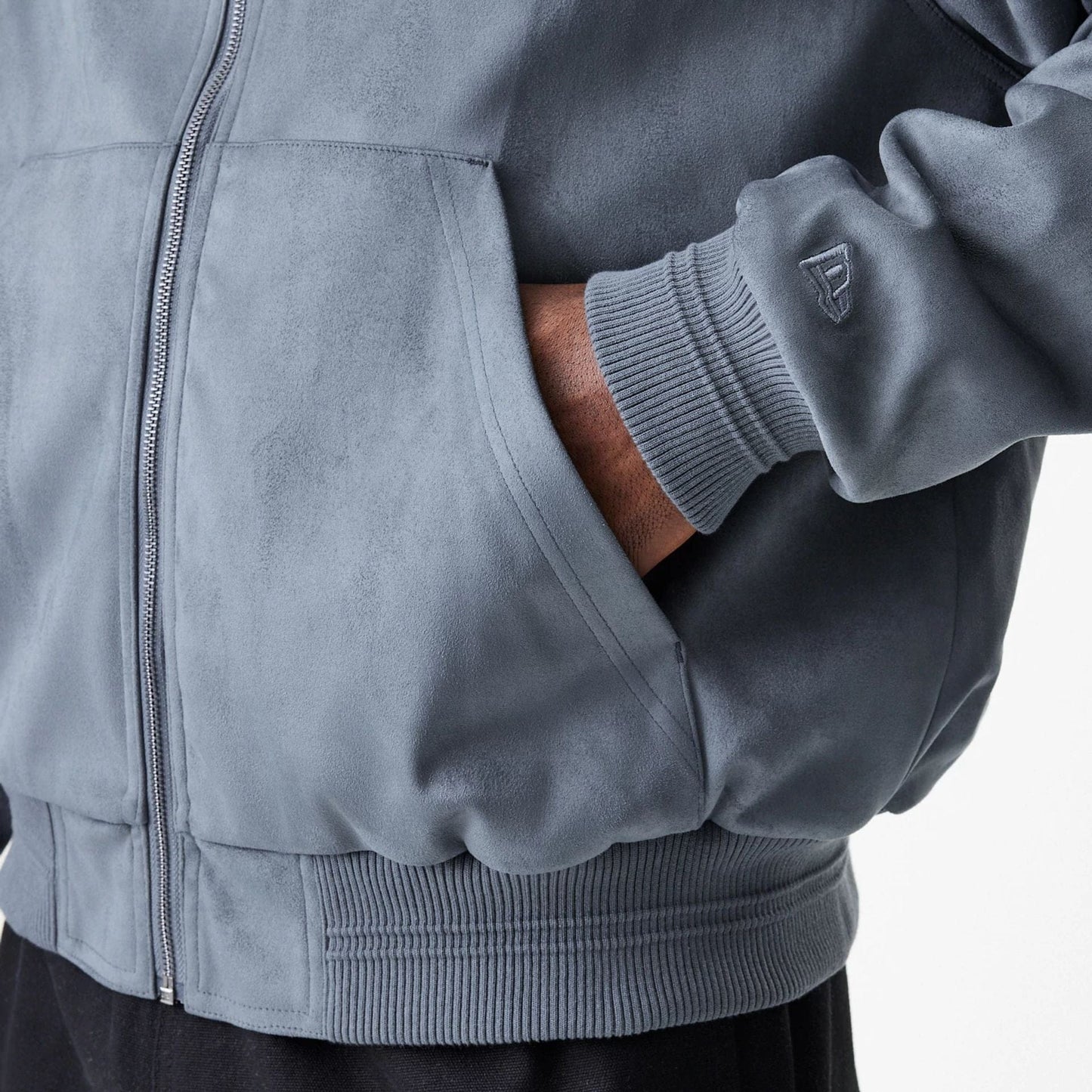 The Male model is wearing Chicago Bulls NBA Suede Dark Grey Jacket 7