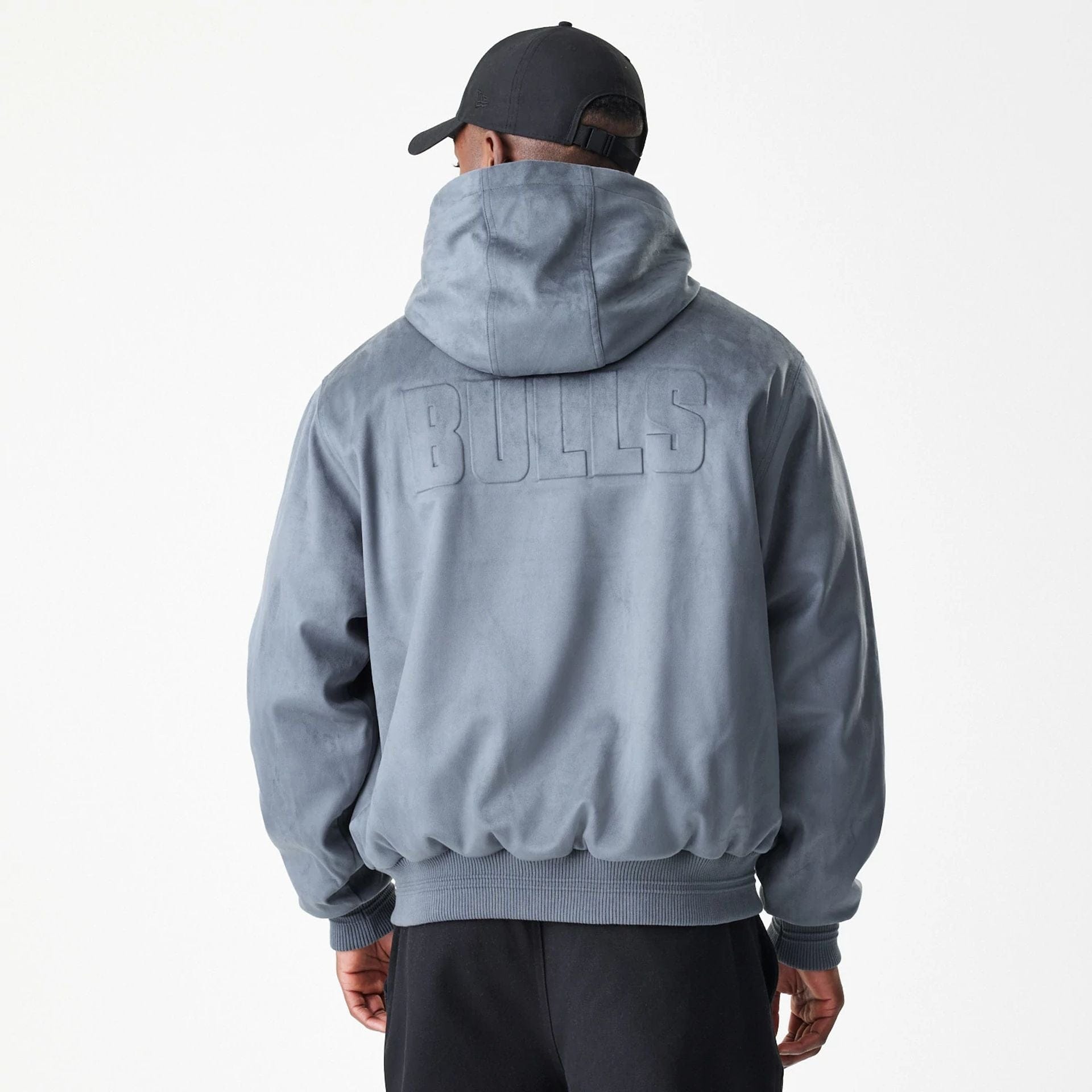 The Male model is wearing Chicago Bulls NBA Suede Dark Grey Jacket 2