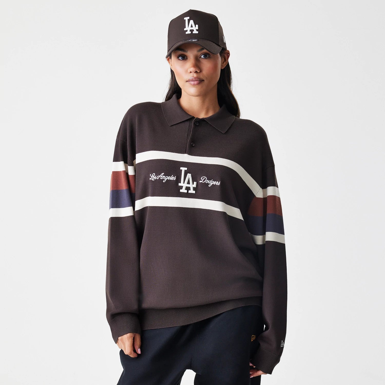 The Male model is wearing LA Dodgers MLB Knit Brown Rugby Shirt 4