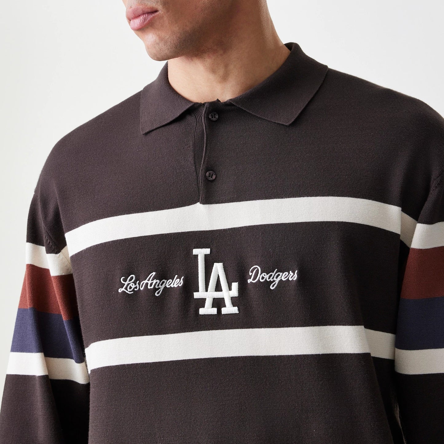 The Male model is wearing LA Dodgers MLB Knit Brown Rugby Shirt 5