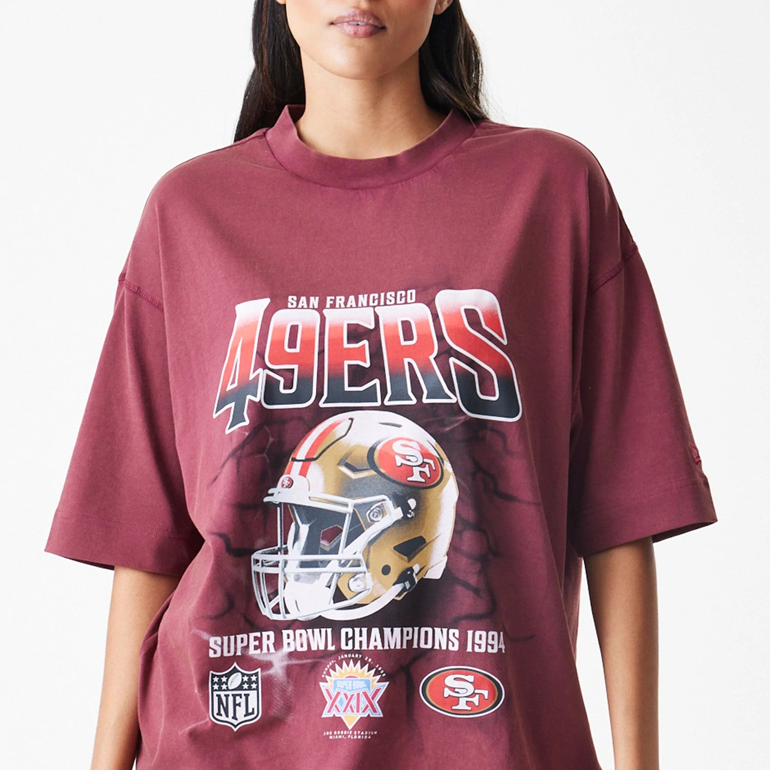 The Male model is wearing San Francisco 49ers NFL Washed Boxy Dark Red Oversized T-Shirt 6