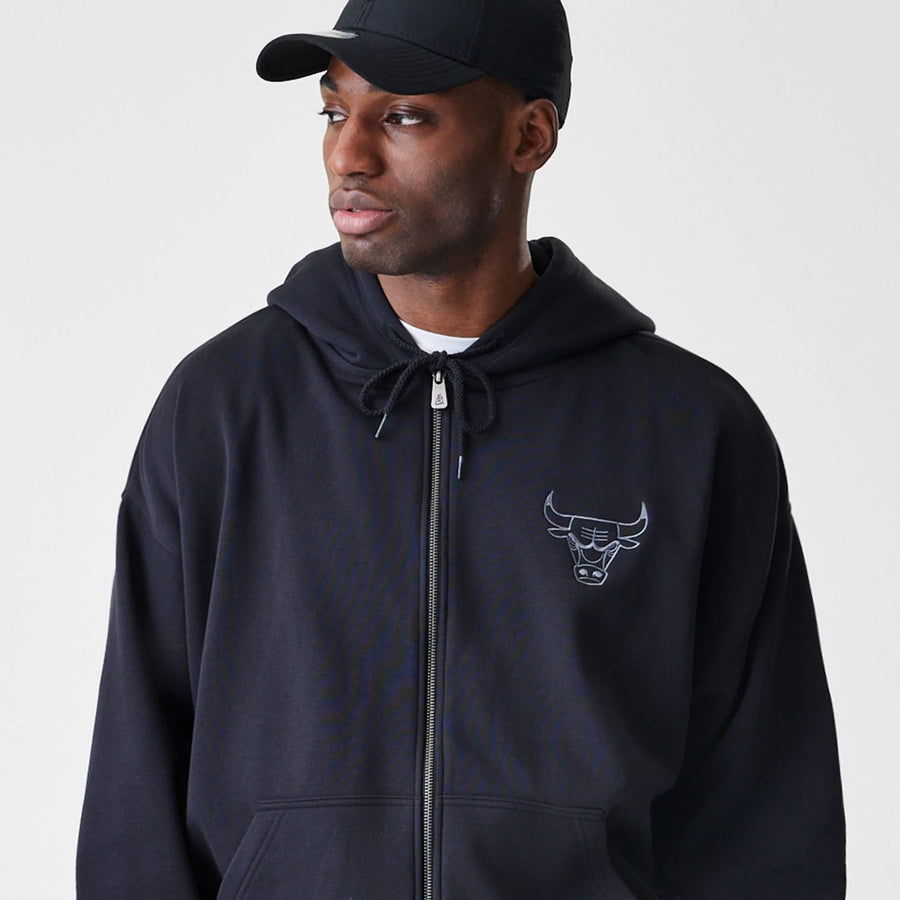 The Male model is wearing Chicago Bulls NBA Linear Black Oversized Full Zip Hoodie  6