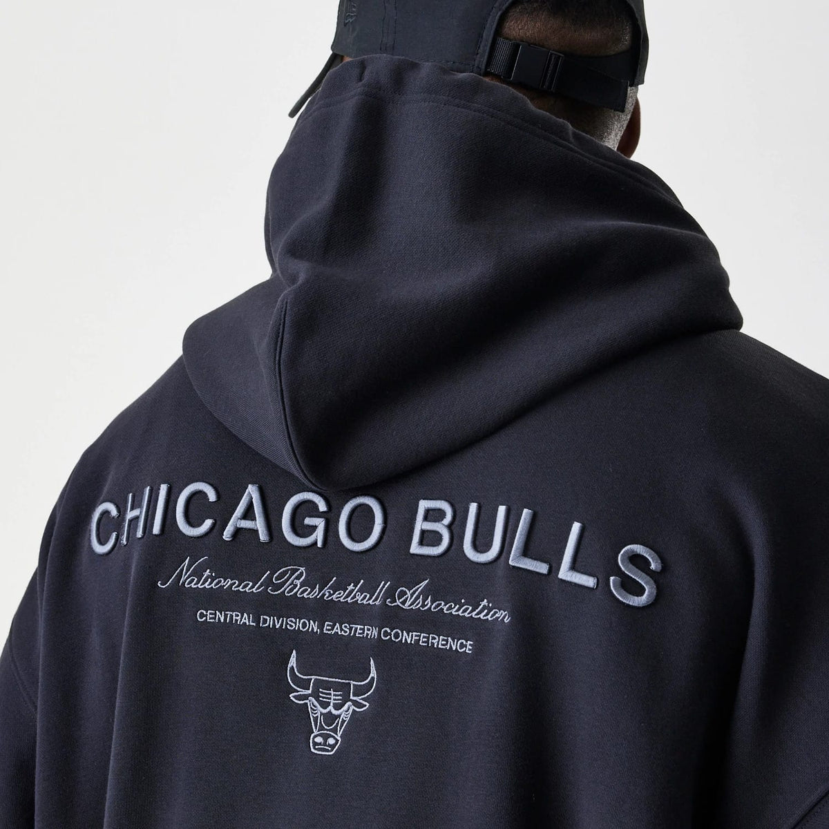 The Male model is wearing Chicago Bulls NBA Linear Black Oversized Full Zip Hoodie 7