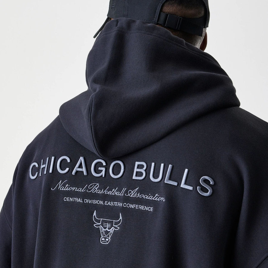 The Male model is wearing Chicago Bulls NBA Linear Black Oversized Full Zip Hoodie  7