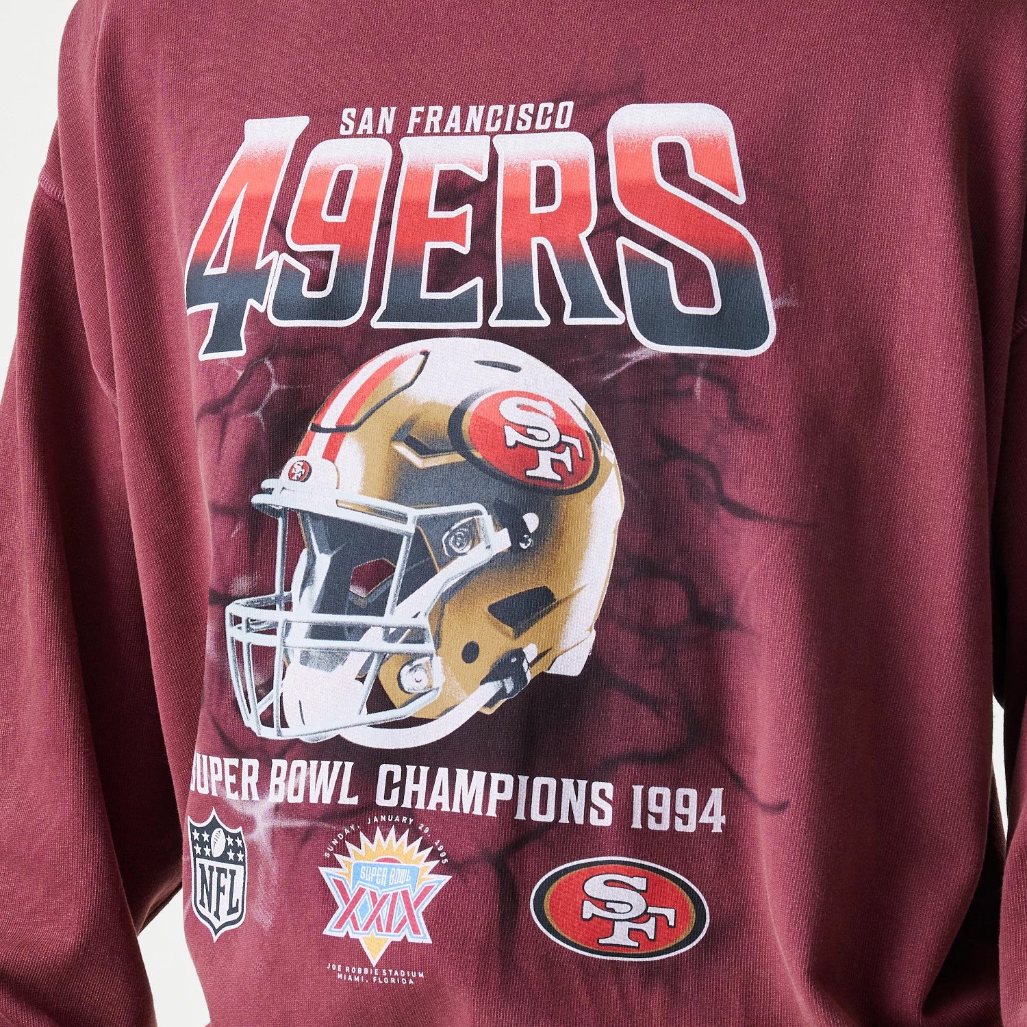 The Male model is wearing San Francisco 49ers NFL Washed Boxy Dark Red Oversized Crew Neck Sweater 4