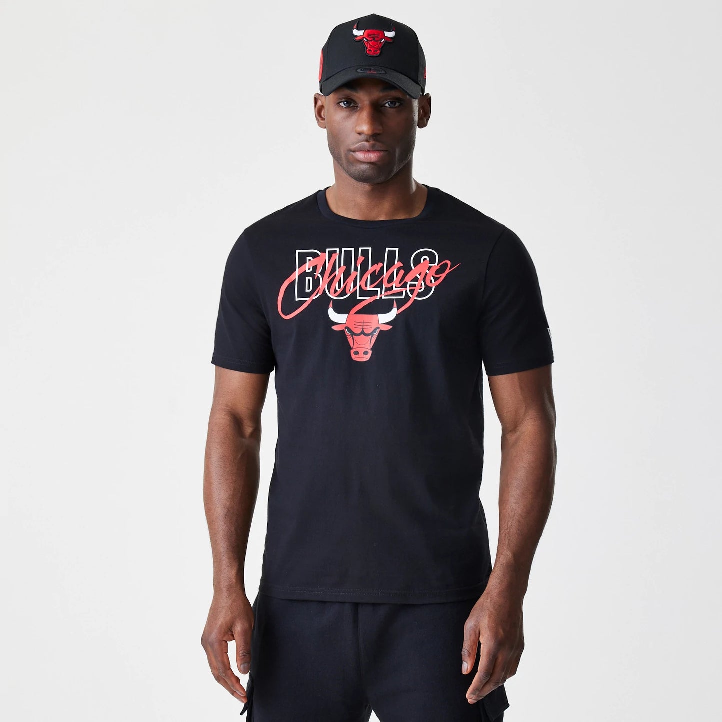 The Male model is wearing Chicago Bulls NBA Script Black T-Shirt 1
