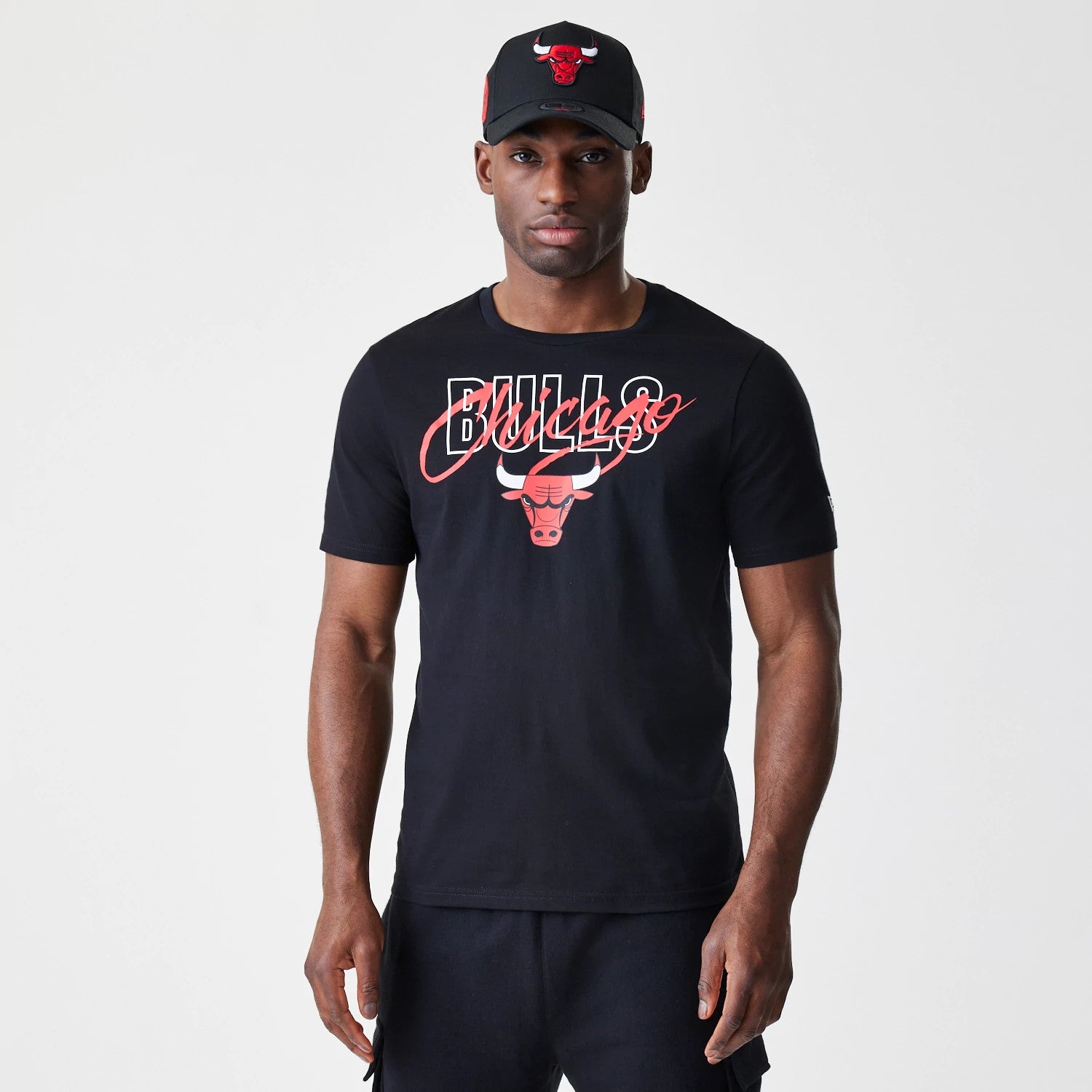 The Male model is wearing Chicago Bulls NBA Script Black T-Shirt 1