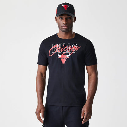 The Male model is wearing Chicago Bulls NBA Script Black T-Shirt 1