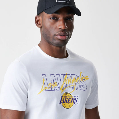 The Male model is wearing LA Lakers NBA Script White T-Shirt  4