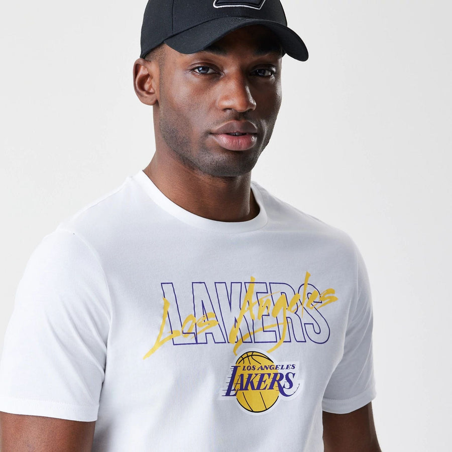 The Male model is wearing LA Lakers NBA Script White T-Shirt  4