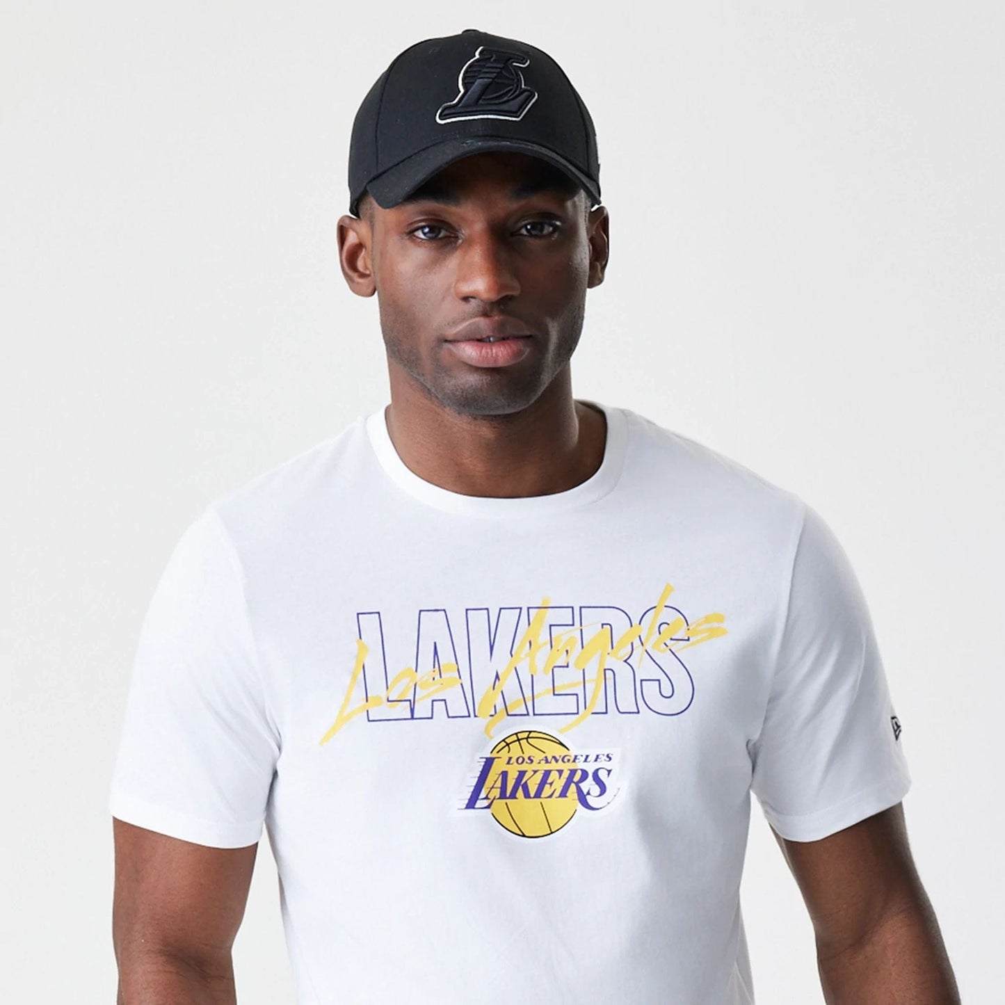 The Male model is wearing LA Lakers NBA Script White T-Shirt  6