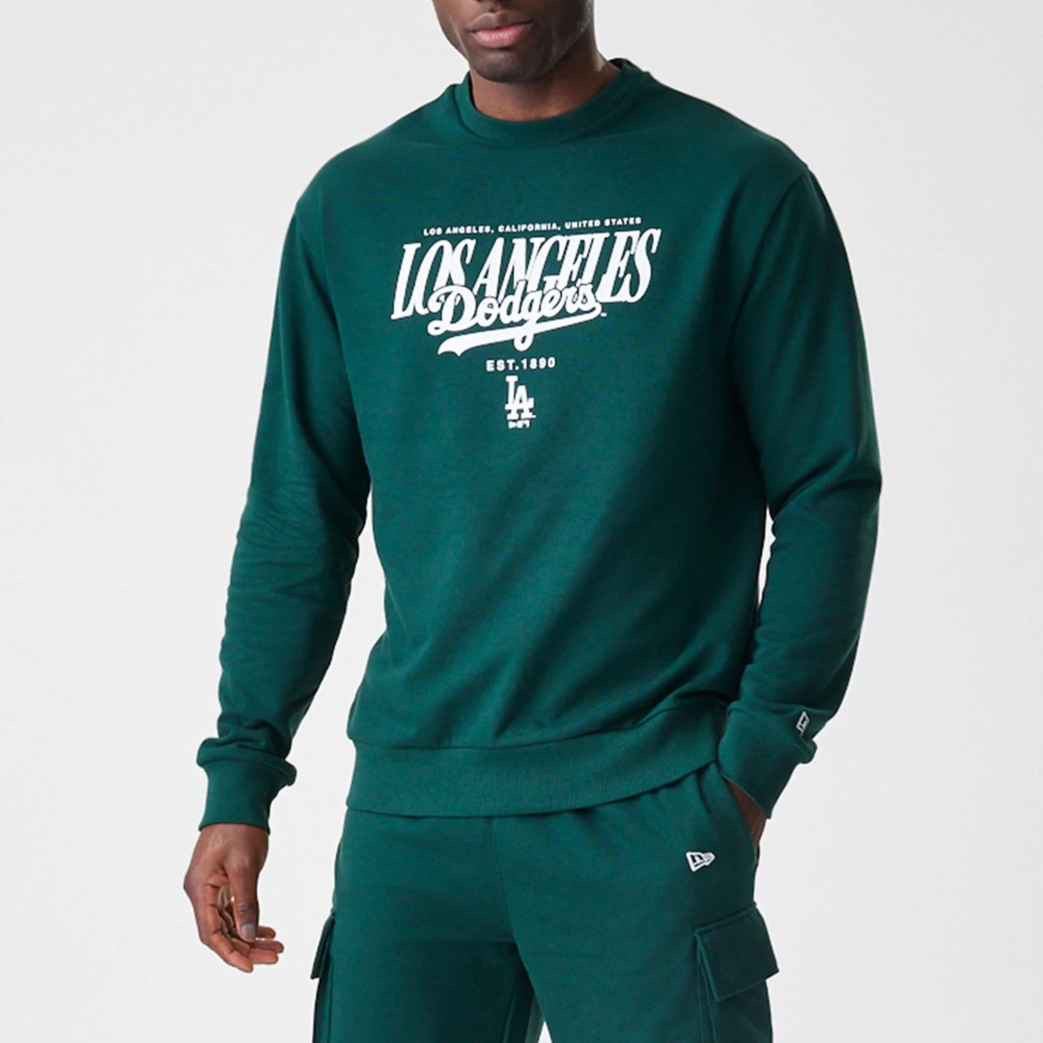 The Male model is wearing LA Dodgers MLB Script Dark Green Crew Neck Sweater 3