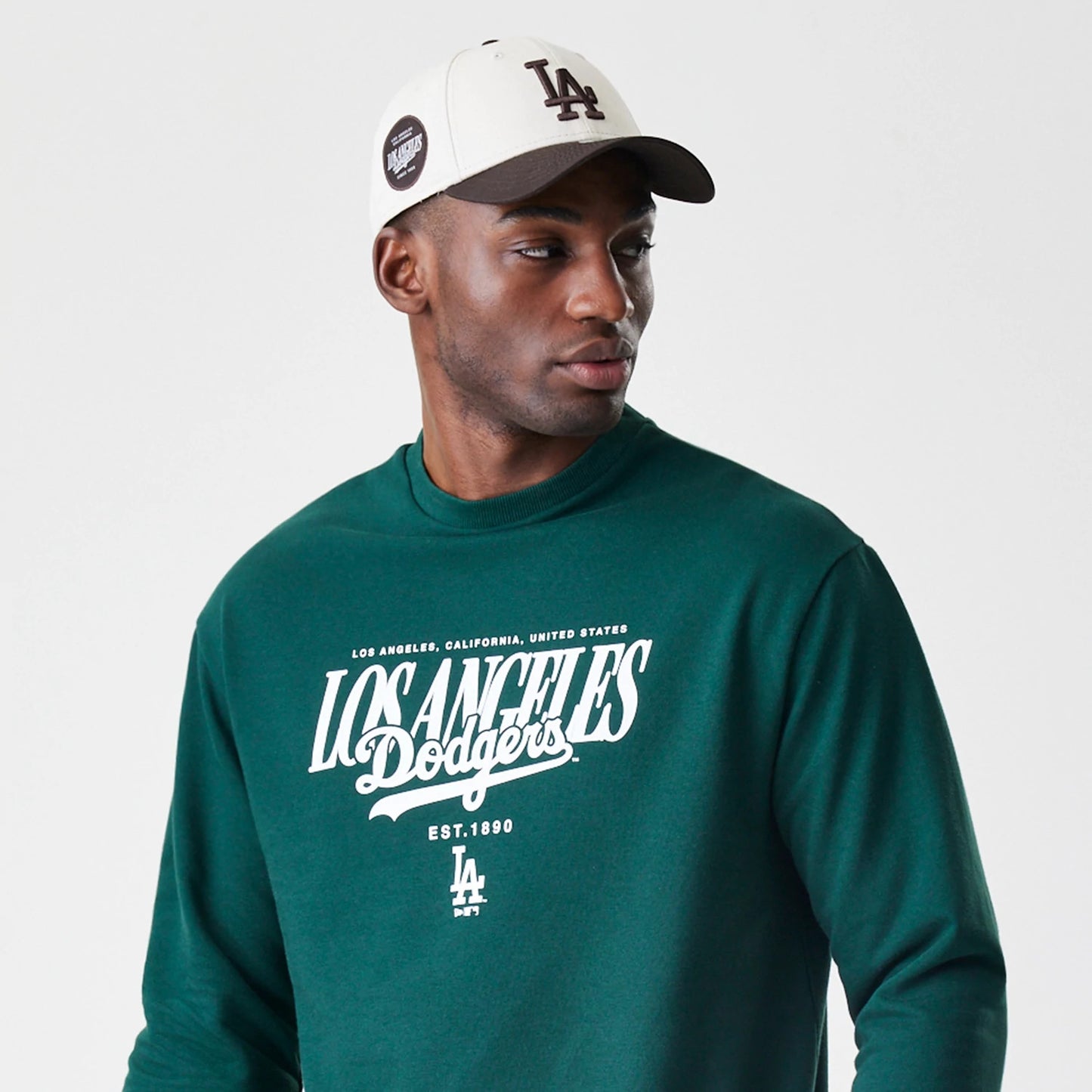The Male model is wearing LA Dodgers MLB Script Dark Green Crew Neck Sweater 6