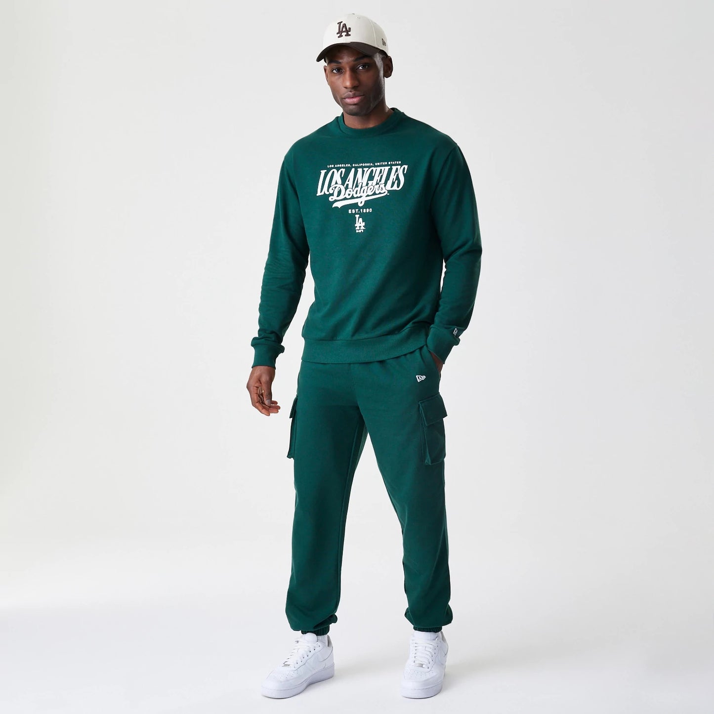The Male model is wearing LA Dodgers MLB Script Dark Green Crew Neck Sweater 8