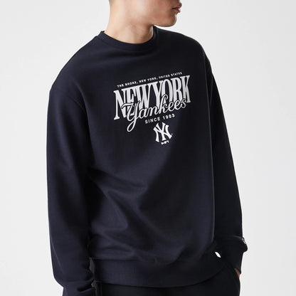 The Male model is wearing New York Yankees MLB Script Black Crew Neck Sweater 3
