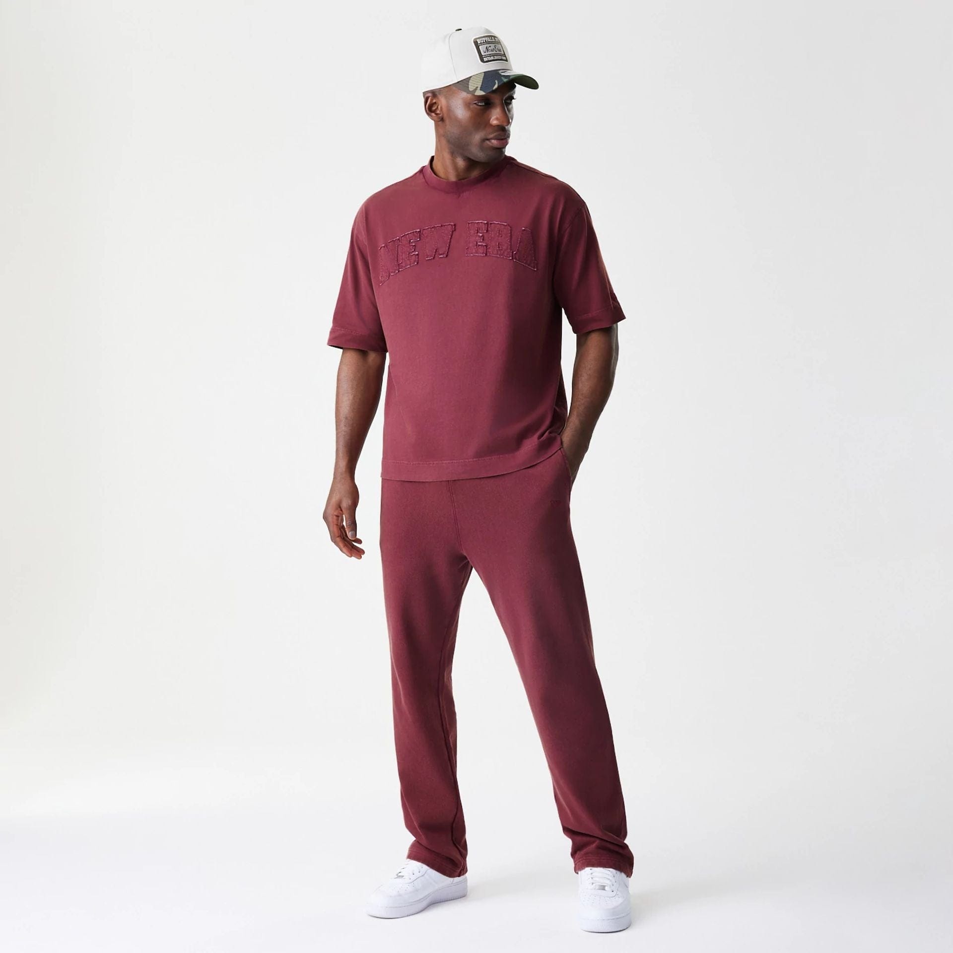 The Male model is wearing  New Era Washed Dark Red Straight Leg Joggers  8