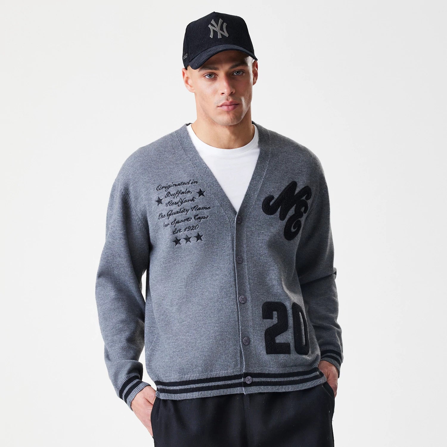 The Male model is wearing  New Era Dark Grey Cardigan 3