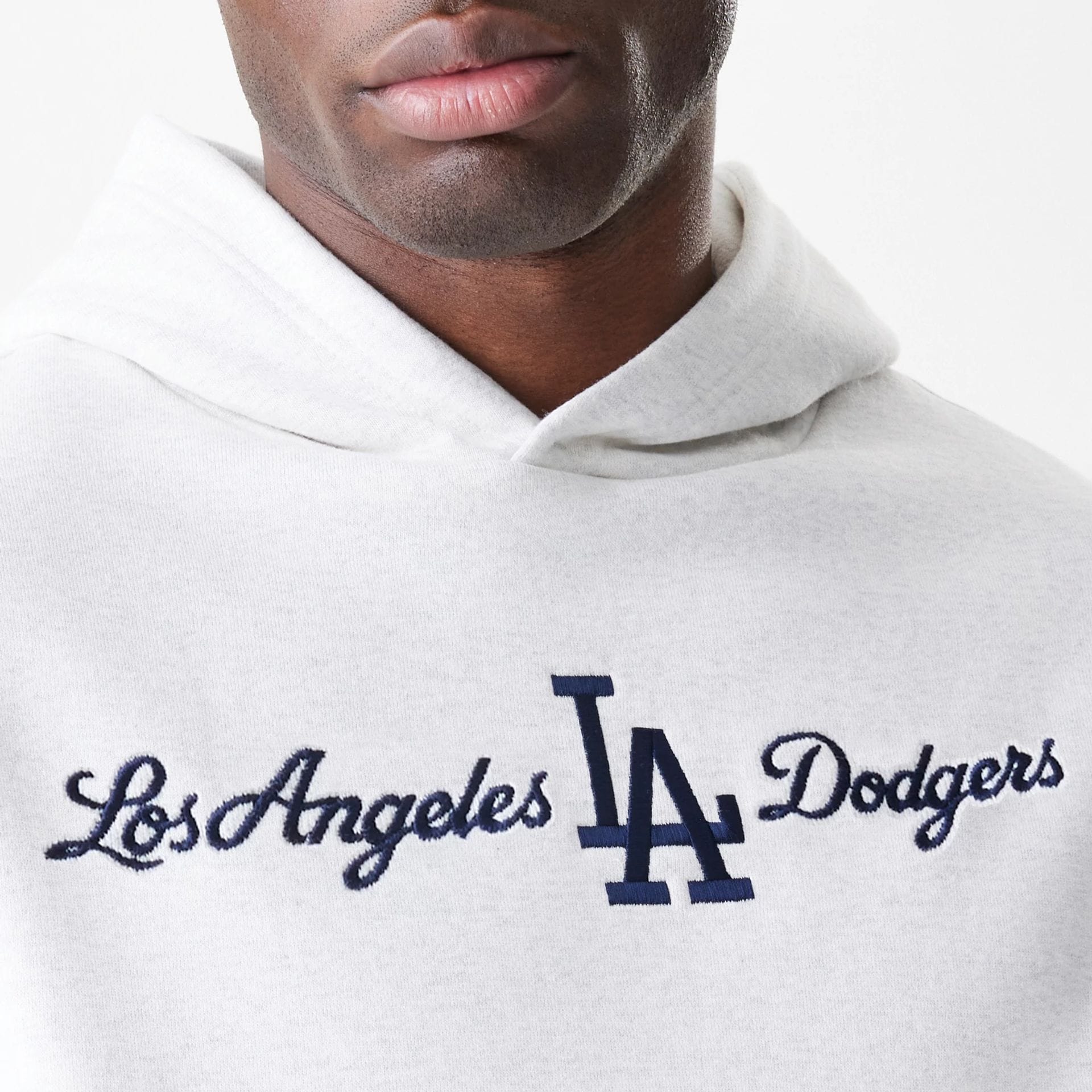 The Male model is wearing LA Dodgers MLB Script White Oversized Pullover Hoodie 5