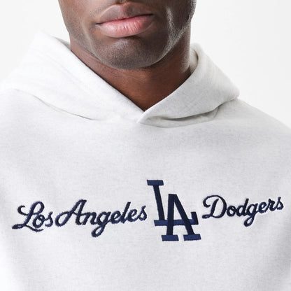 The Male model is wearing LA Dodgers MLB Script White Oversized Pullover Hoodie 5