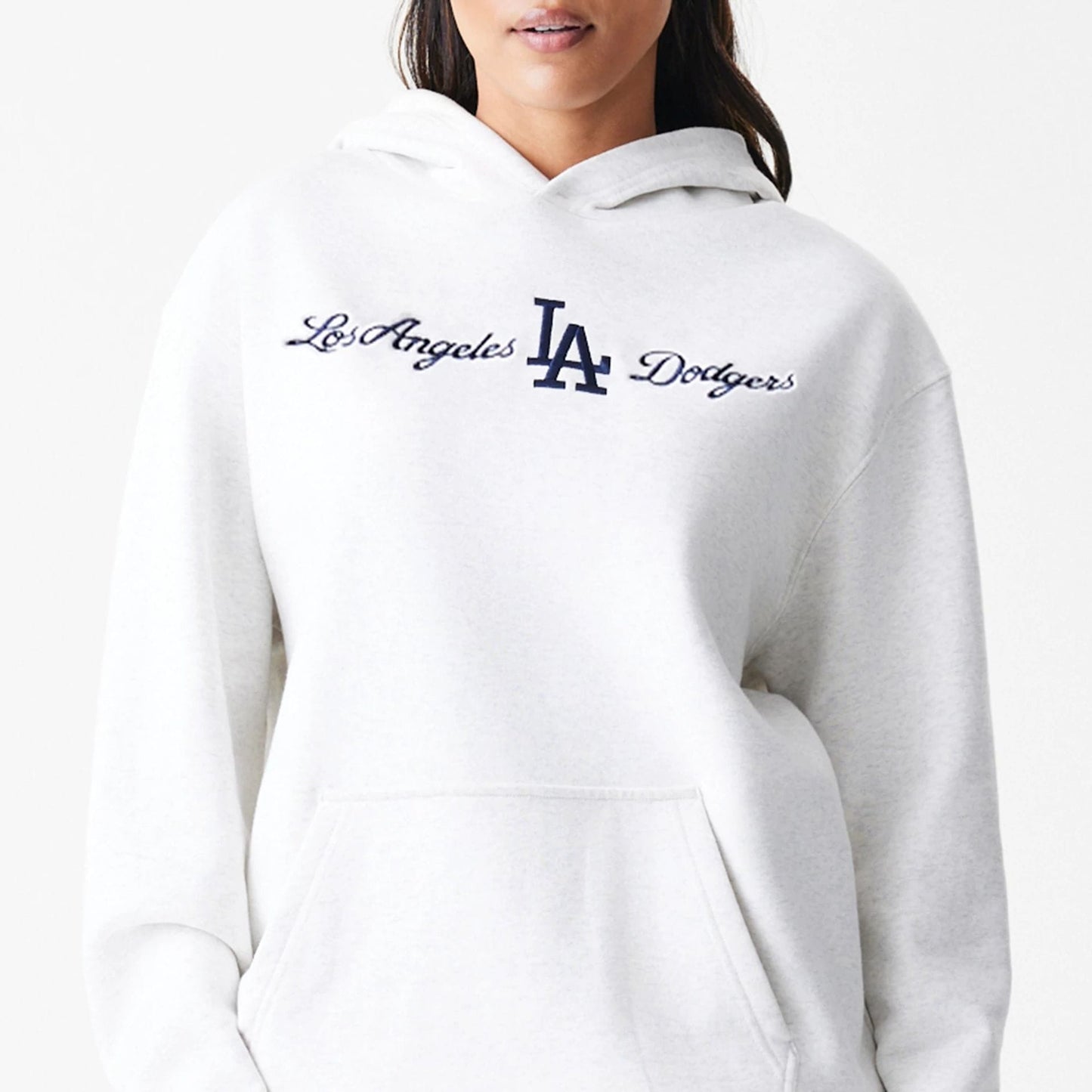 The Male model is wearing LA Dodgers MLB Script White Oversized Pullover Hoodie  6