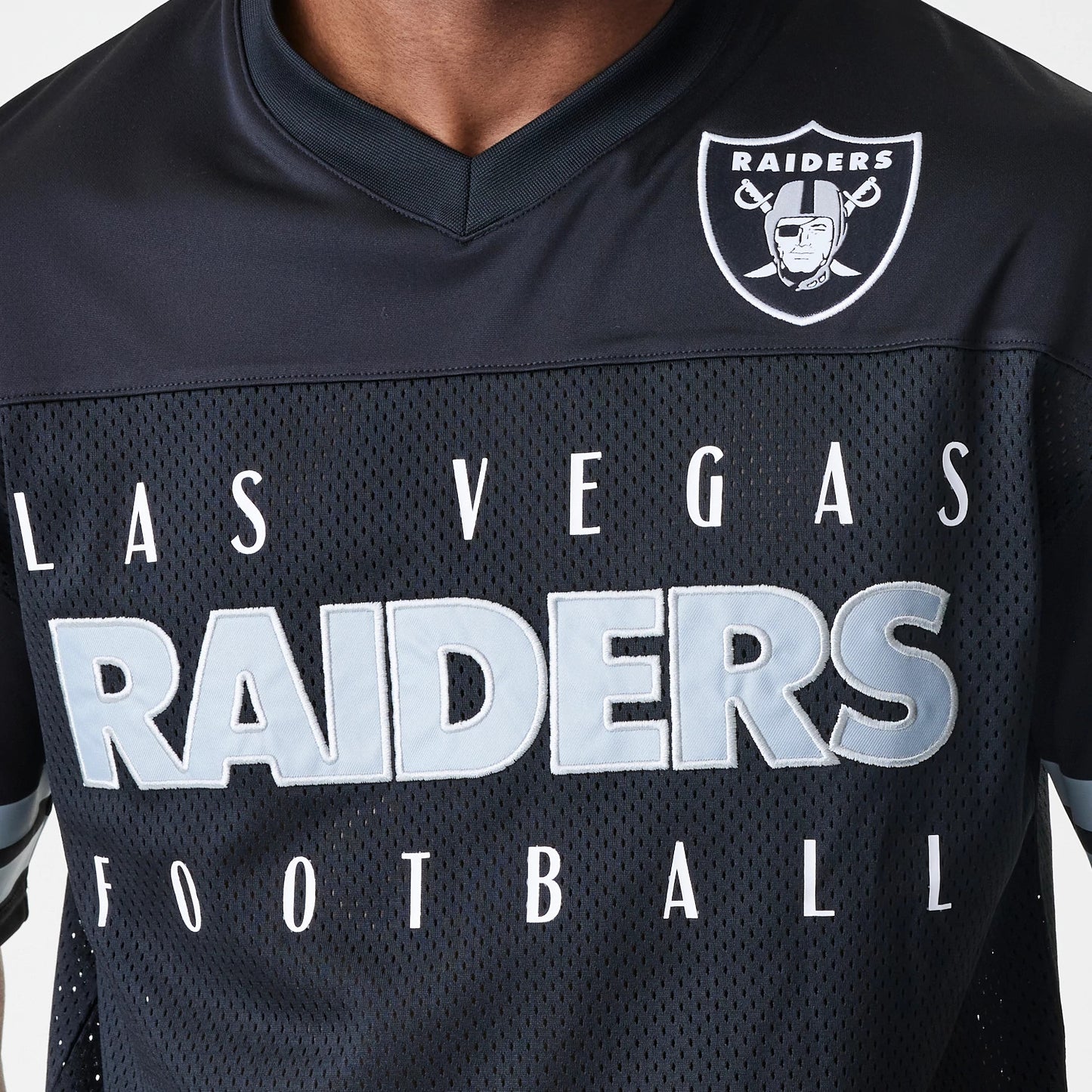 The Male model is wearing Las Vegas Raiders Script NFL Mesh Black Jersey 4
