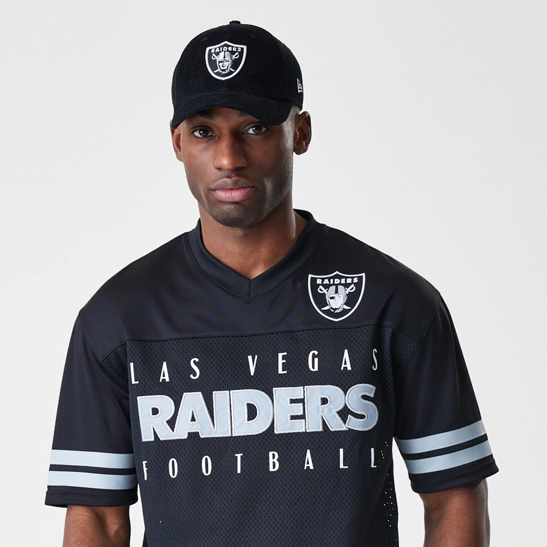 The Male model is wearing Las Vegas Raiders NFL Mesh Black Jersey  7