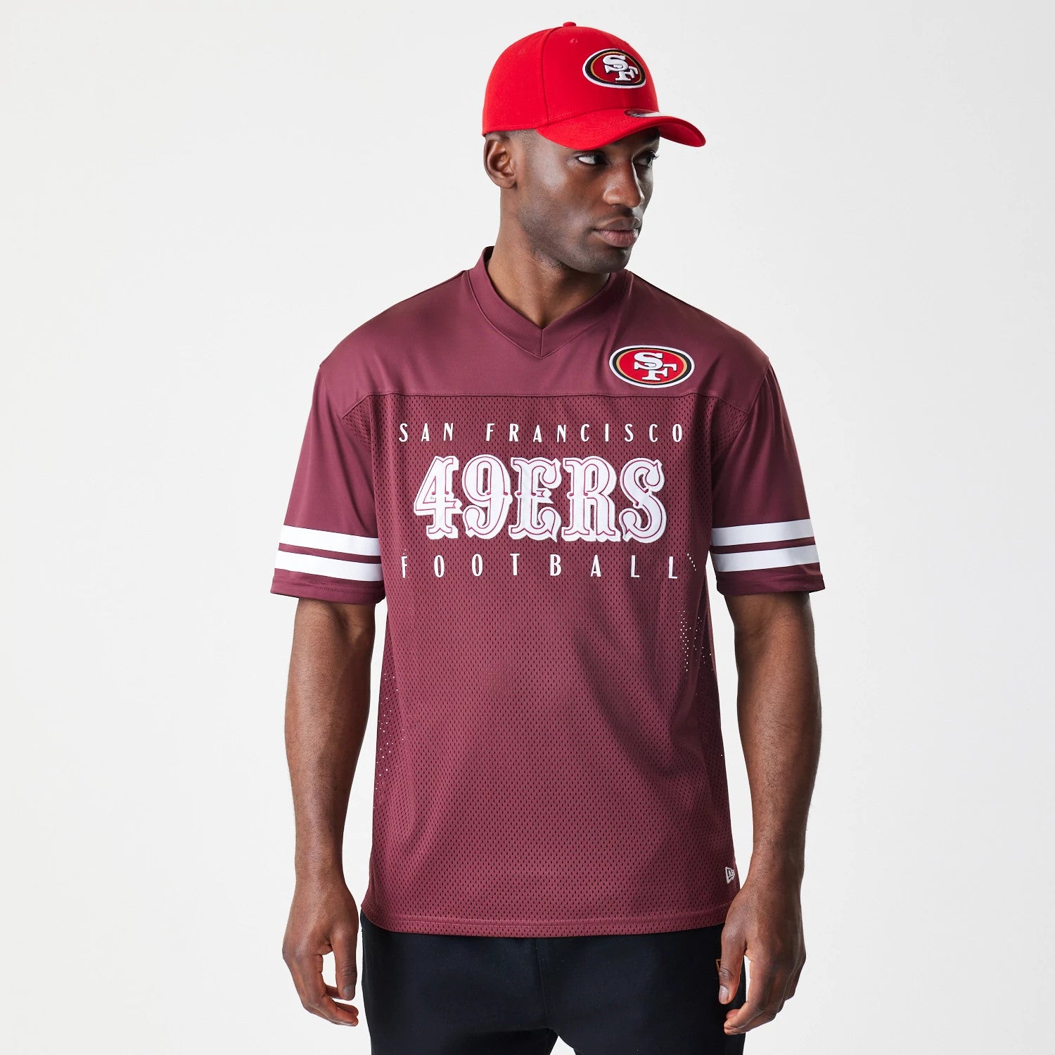 The Male model is wearing San Francisco 49ers NFL Mesh Dark Red Jersey 3