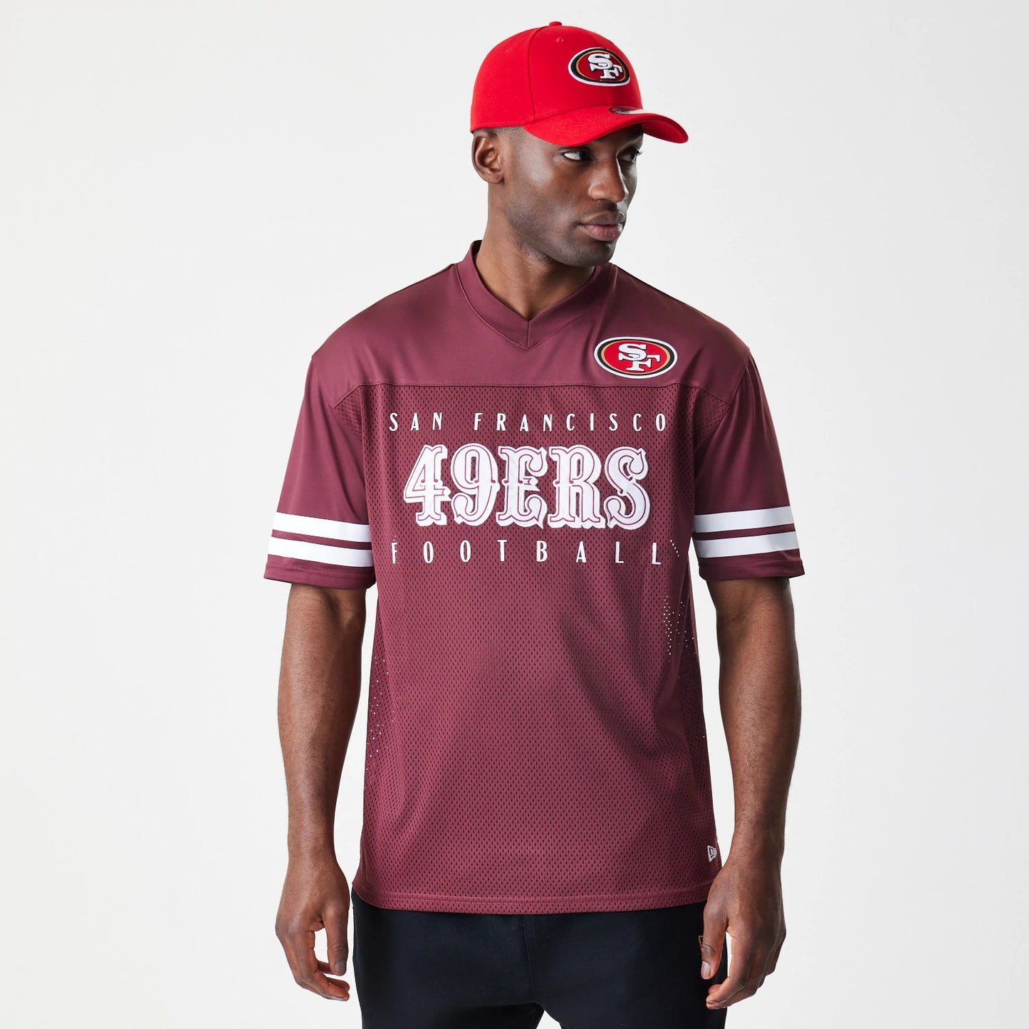 The Male model is wearing San Francisco 49ers NFL Mesh Dark Red Jersey 3