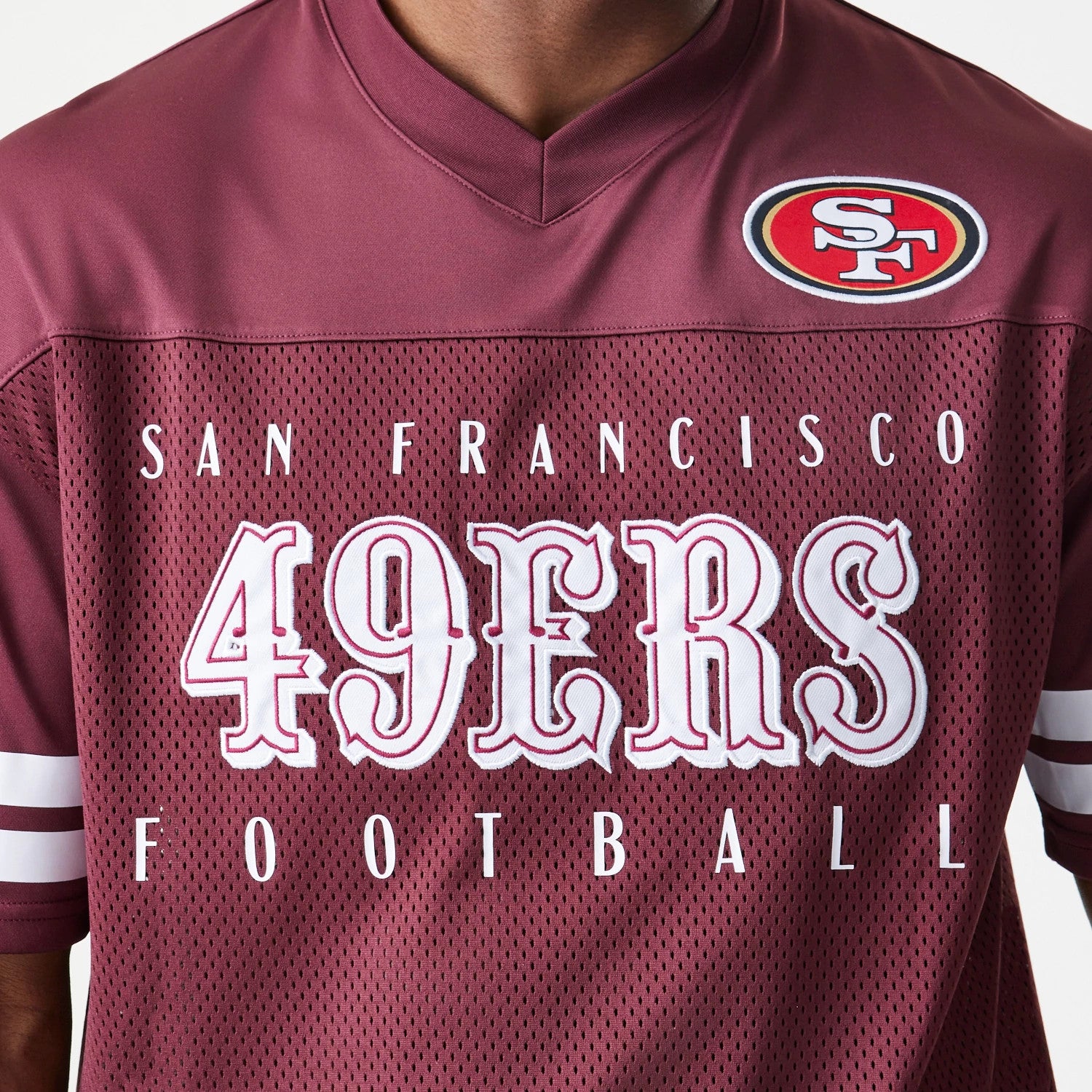 The Male model is wearing San Francisco 49ers NFL Mesh Dark Red Jersey 5