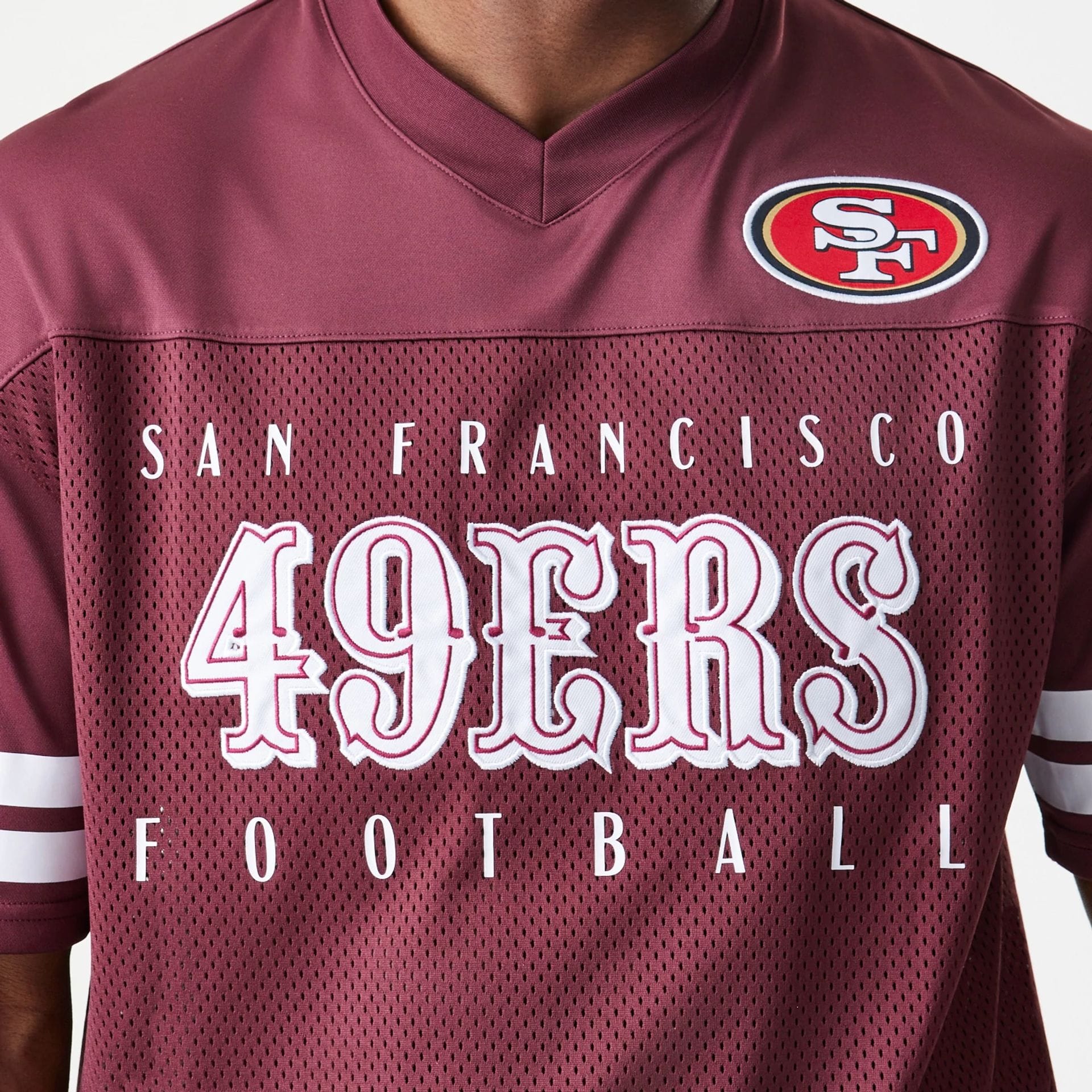 The Male model is wearing San Francisco 49ers NFL Mesh Dark Red Jersey 5