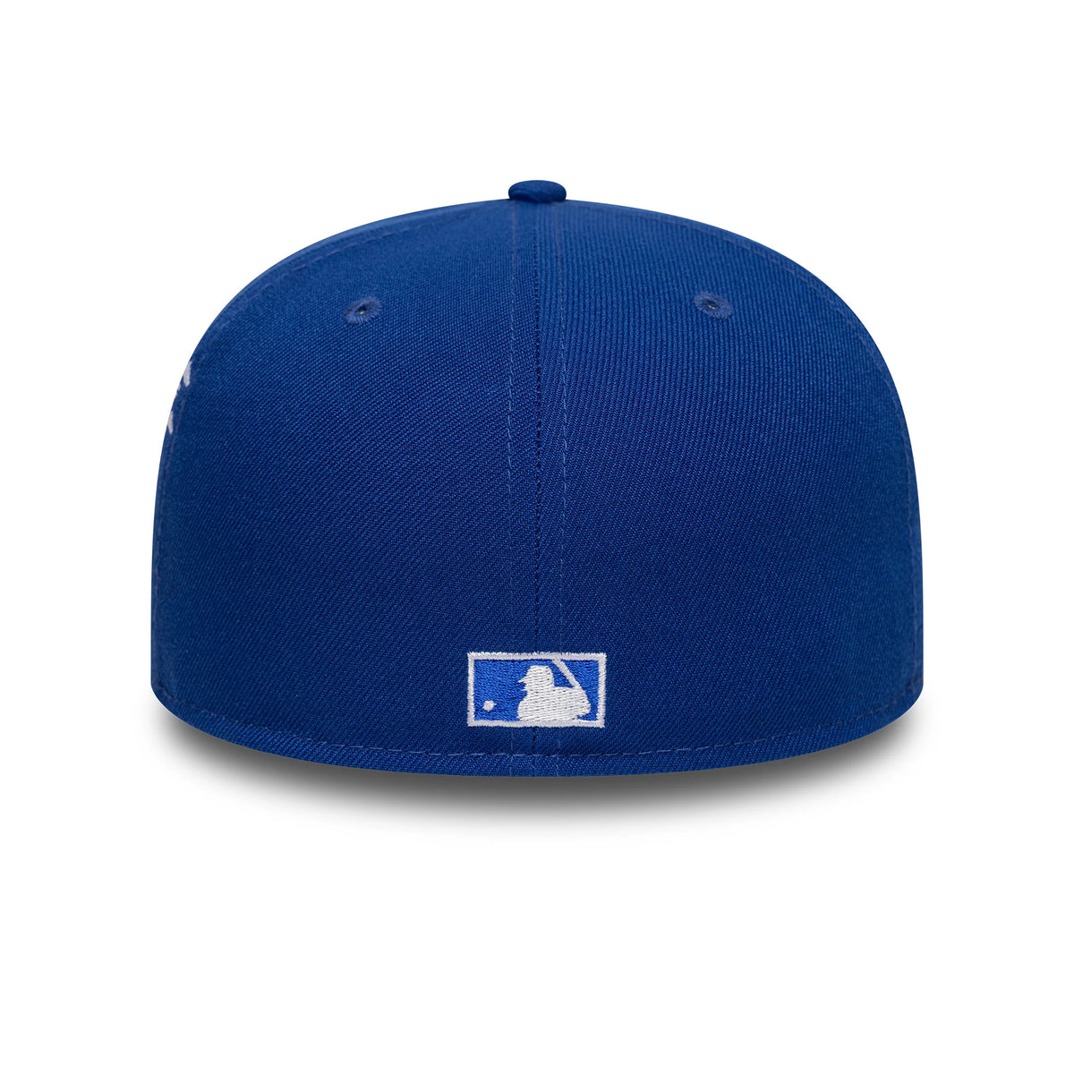 LA Dodgers MLB Poly Kanji Blue New Era 59FIFTY Fitted Cap, rear view showing the white embroidered MLB Batterman logo centred on the blue crown, with matching blue stitching and a structured fit on the back panels.