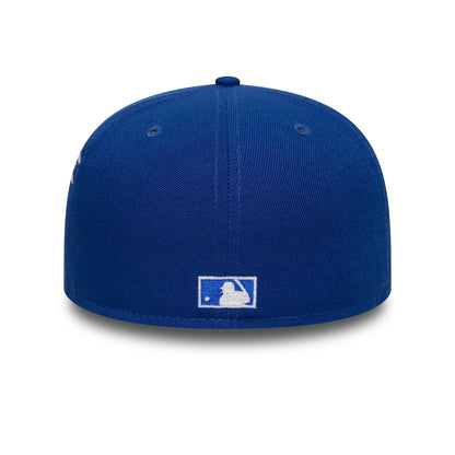 LA Dodgers MLB Poly Kanji Blue New Era 59FIFTY Fitted Cap, rear view showing the white embroidered MLB Batterman logo centred on the blue crown, with matching blue stitching and a structured fit on the back panels.