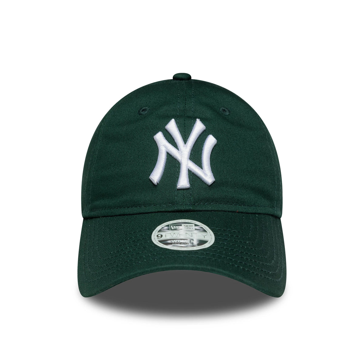New York Yankees Womens MLB League Essential Dark Green New Era 9TWENTY Adjustable Cap, front view showing the raised white NY logo embroidered on the dark green front panel, with a 9TWENTY size sticker on the curved visor.