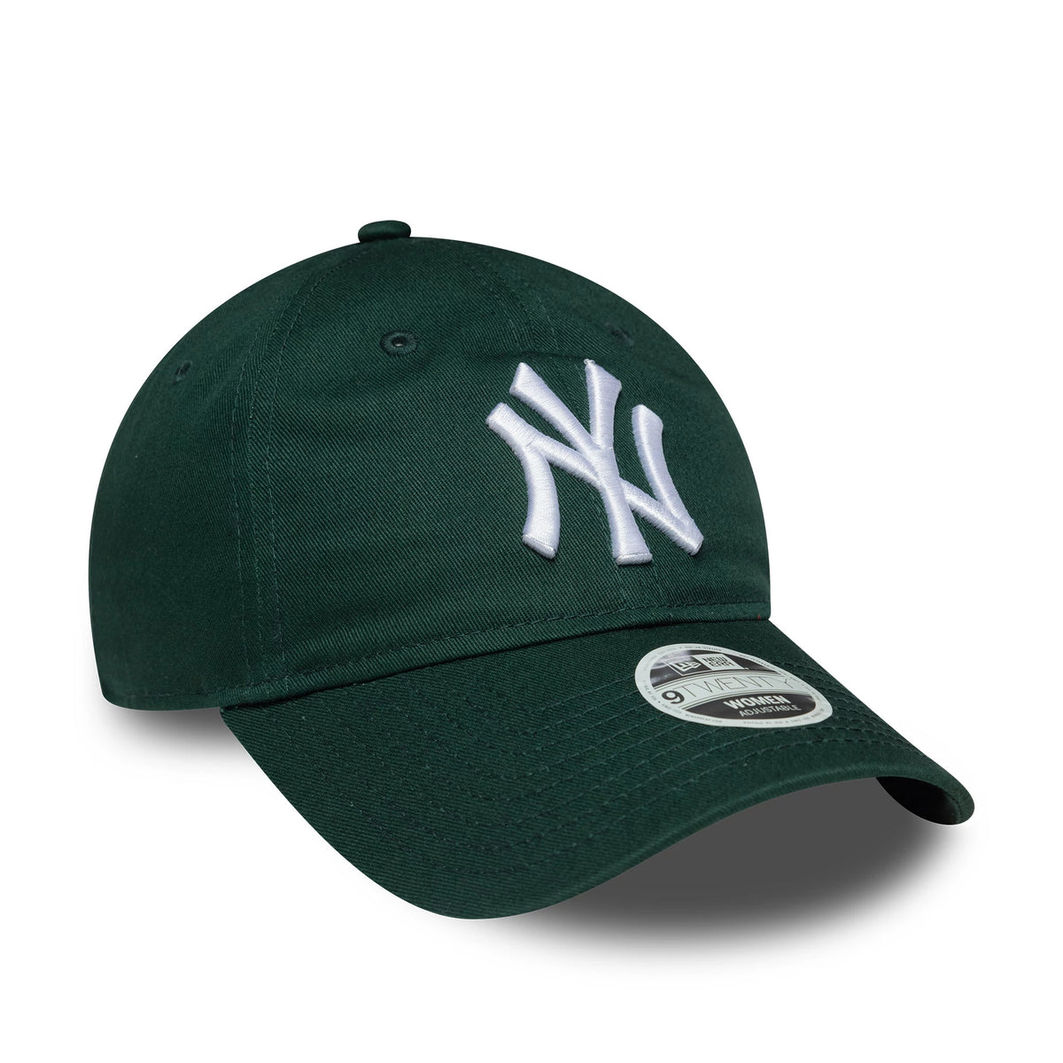 New York Yankees Womens MLB League Essential Dark Green New Era 9TWENTY Adjustable Cap, three-quarter view showing the raised white NY logo on the front panel, dark green curved visor and 9TWENTY size sticker on the top.