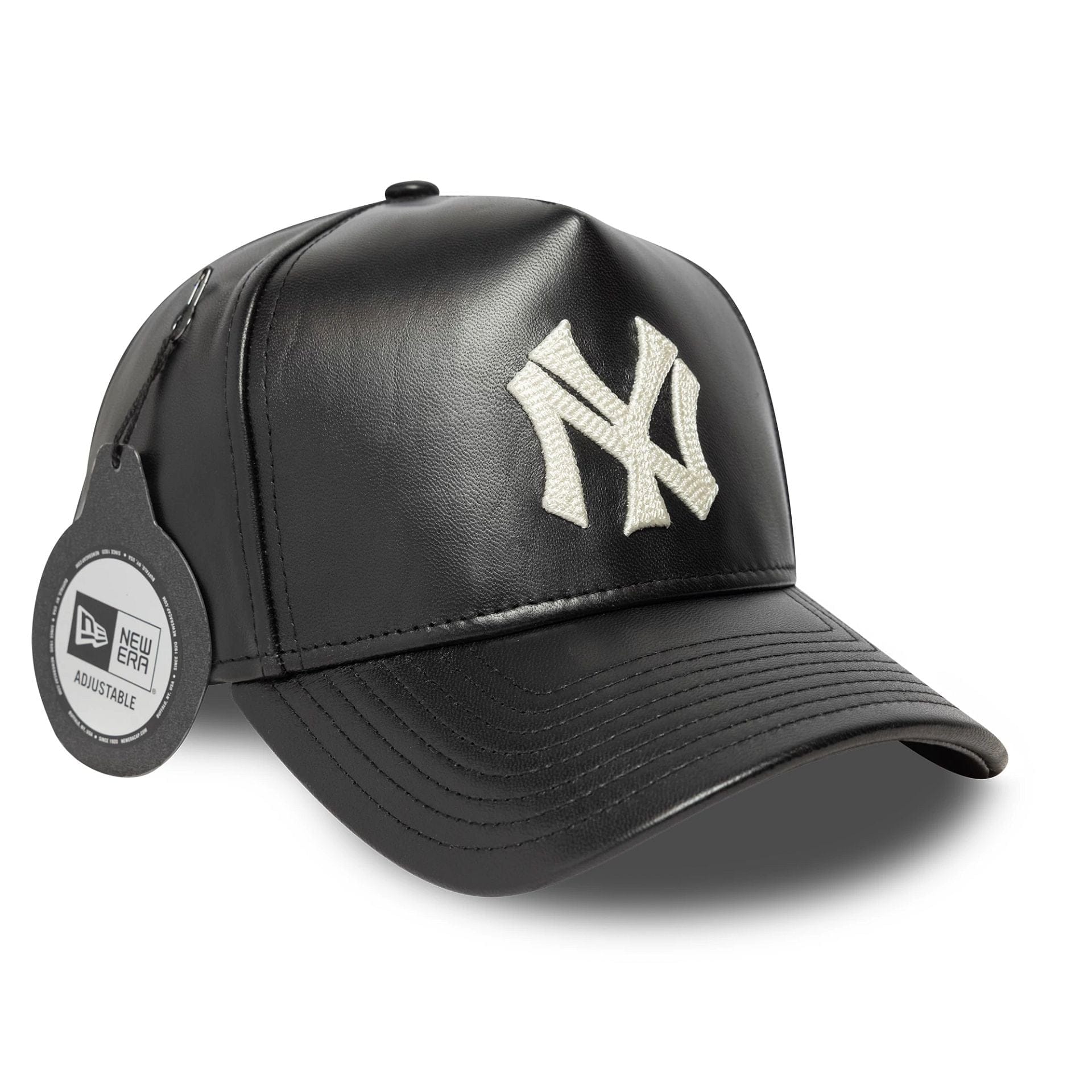This is a New York Yankees MLB Leather Black 9FORTY E-Frame Adjustable Cap 1
