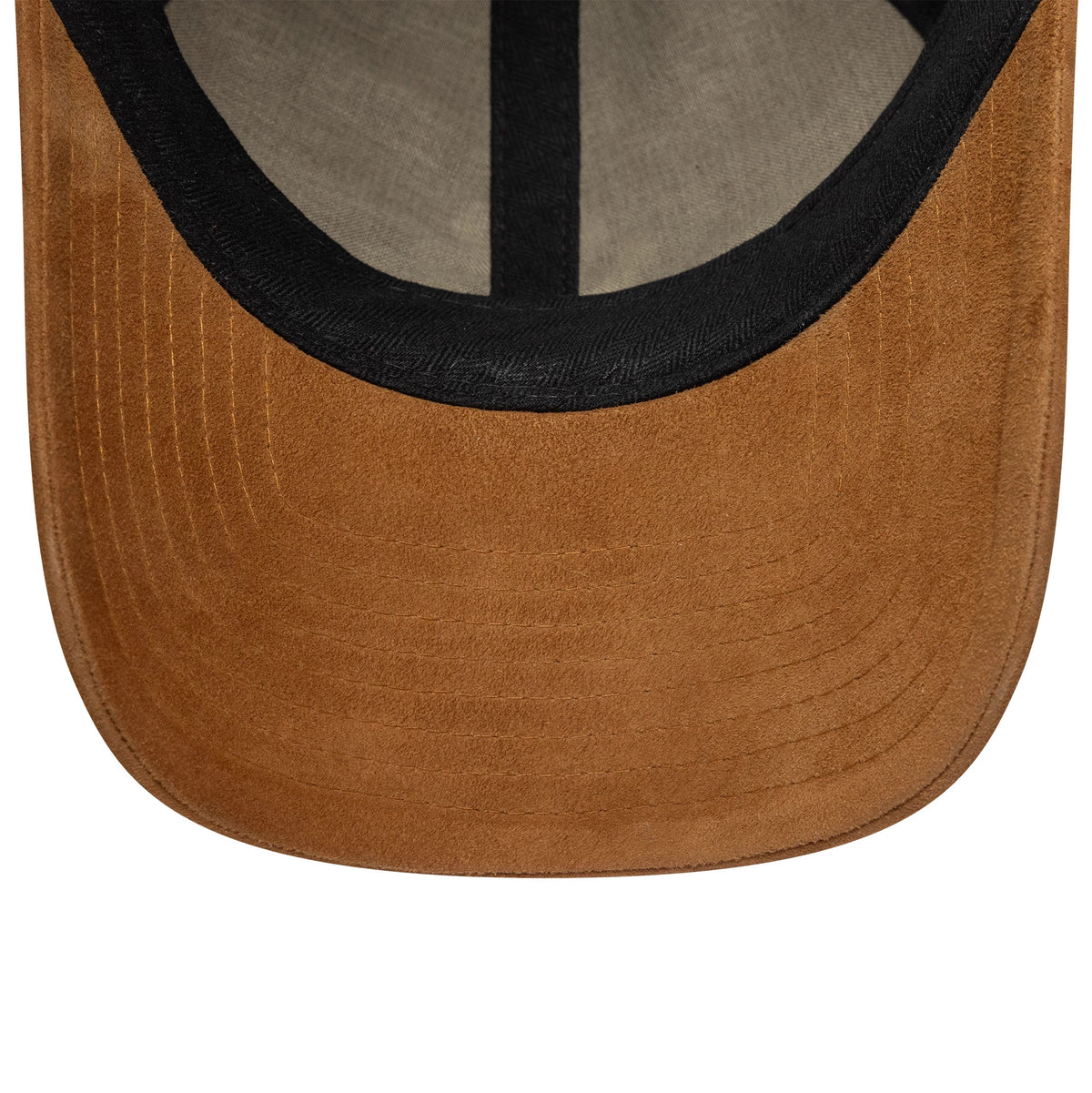 New York Yankees MLB Loden Suede Dark Red New Era 9TWENTY Adjustable Cap, inside view showing the brown suede undervisor, black sweatband, and grey interior taping across the panels.