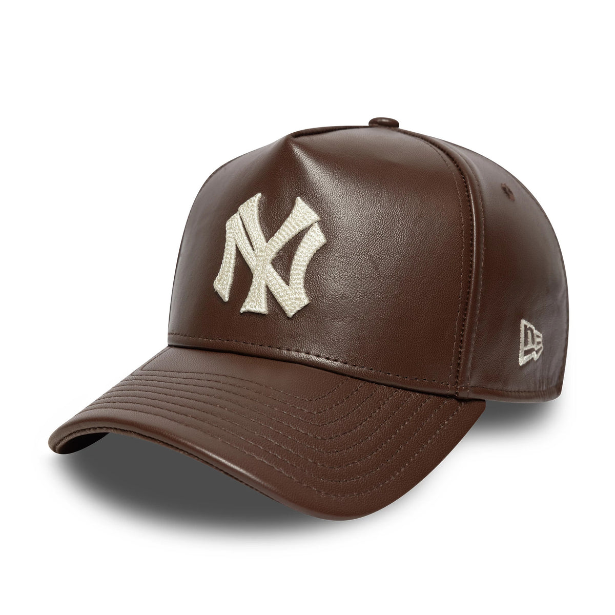 New York Yankees MLB Leather Dark Brown New Era 9FORTY E-Frame Adjustable Cap, three-quarter view showing a cream embroidered NY logo on the structured dark brown leather crown, with a curved visor and the New Era flag logo on the left side.