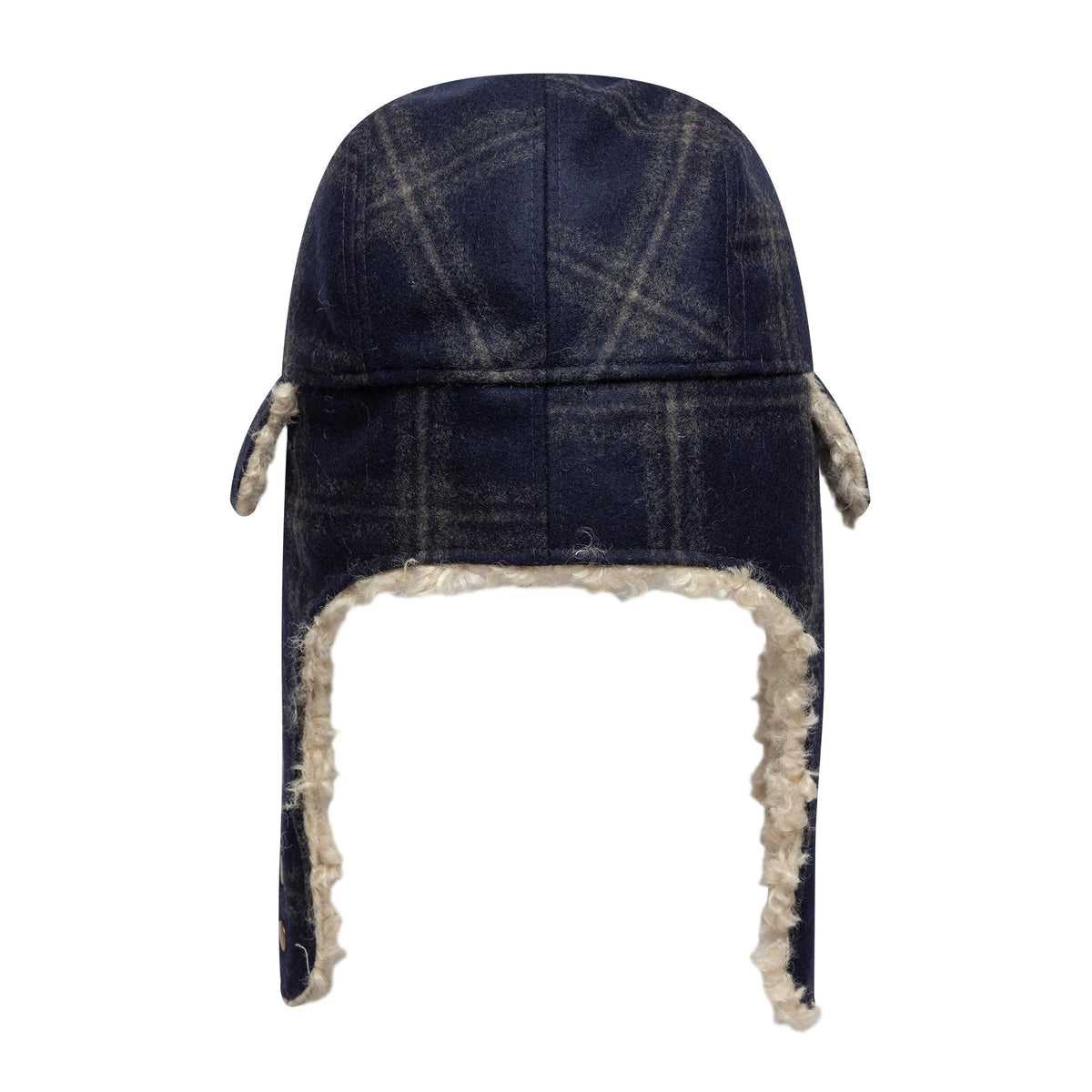 New Era Loden Navy Trapper Hat, front view showing the navy and grey check pattern on a structured crown with plush cream faux fur lining the edge and ear flaps, giving a warm winter look.