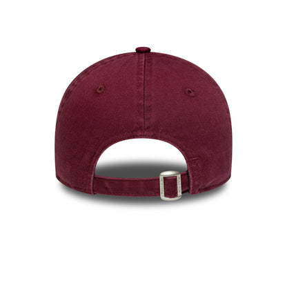 LA Dodgers Womens MLB Boucle Dark Red New Era 9TWENTY Adjustable Cap, rear view showing the unstructured crown with an adjustable strap and buckle for a custom fit, enhanced by eyelets and a matching top button.