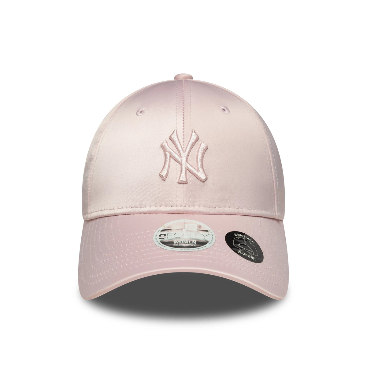 New York Yankees Womens MLB Satin Bow Back Pastel Pink New Era 9FORTY Adjustable Cap, front view showing a raised embroidered NY logo in pastel pink on the structured crown, with a curved visor and 9FORTY size sticker.