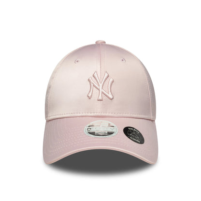 New York Yankees Womens MLB Satin Bow Back Pastel Pink New Era 9FORTY Adjustable Cap, front view showing a raised embroidered NY logo in pastel pink on the structured crown, with a curved visor and 9FORTY size sticker.