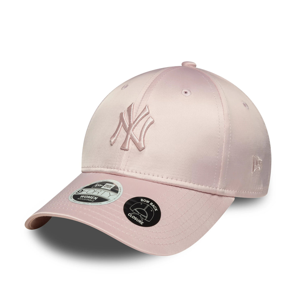 New York Yankees Womens MLB Satin Bow Back Pastel Pink New Era 9FORTY Adjustable Cap, three-quarter view showing the pink raised embroidered NY logo on the front panel, with a curved visor and two size stickers.